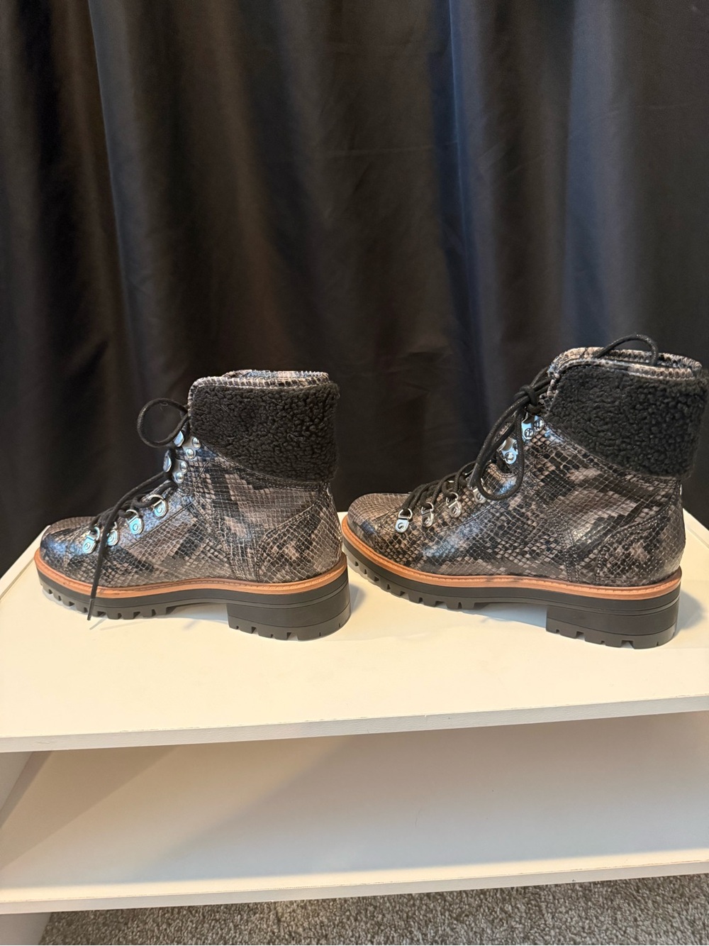 Womens Black Snakeskin Lace-Up Ankle Boots with Shearling Collar